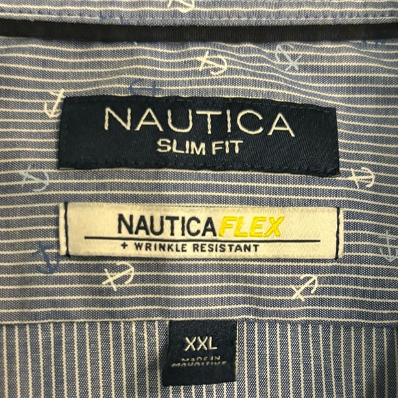 Nautica Mens XXL Slim Fit Blue White Pinstripe Anchor Button Down Long Sleeve - Picture 4 of 6